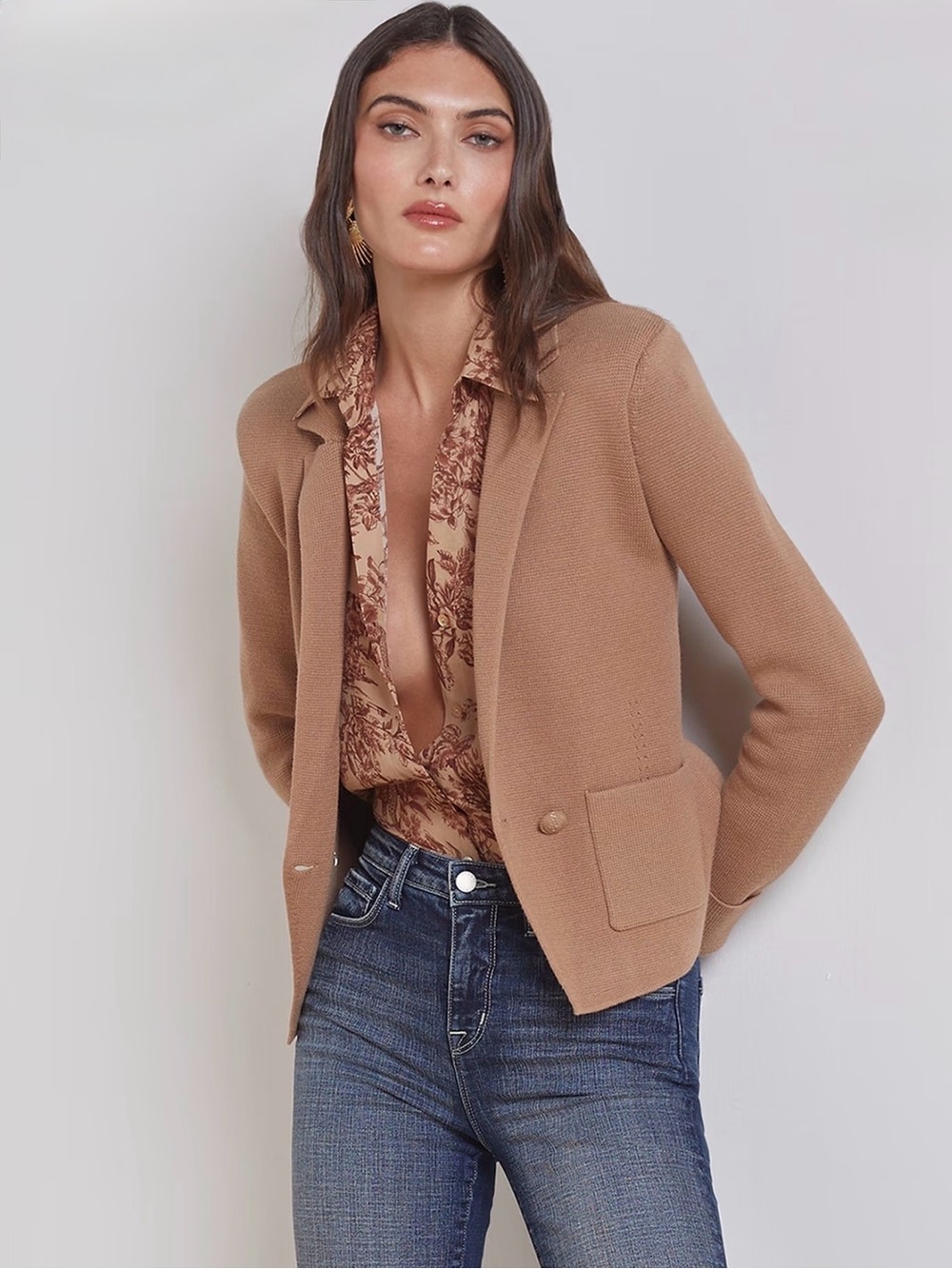 L’AGENCE Sofia Knit Double Breasted Blazer Ginger Snap Brown Gold Buttons Small